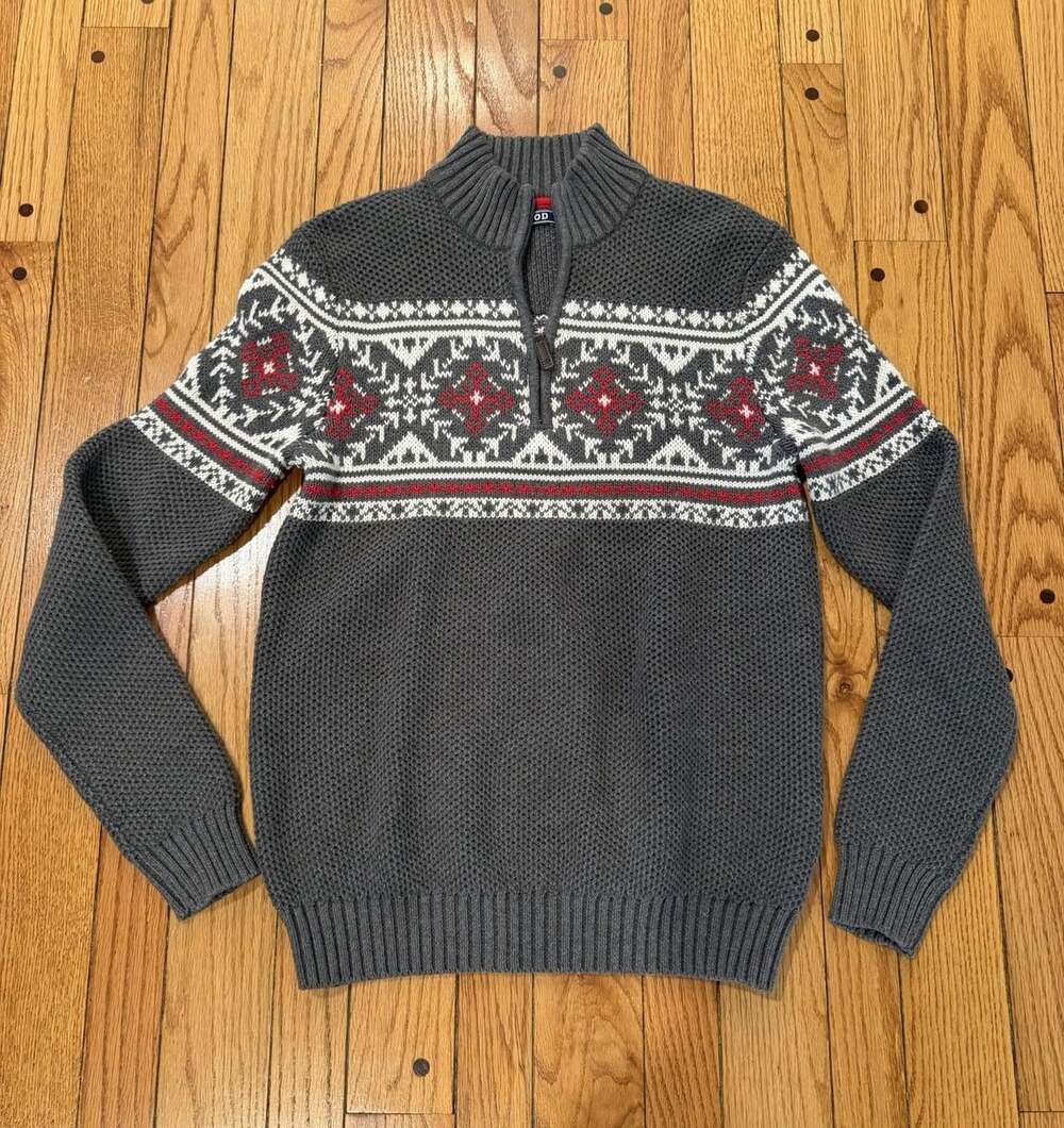 IZOD Men’s / Unisex S Fair Isle Nordic Quarter Zip Sweater Gray Red Cotton Blend